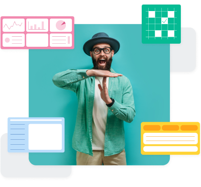 Mann hält Hände als Stopp-Zeichen, weil er von mehreren angedeuteten Tools umgeben ist