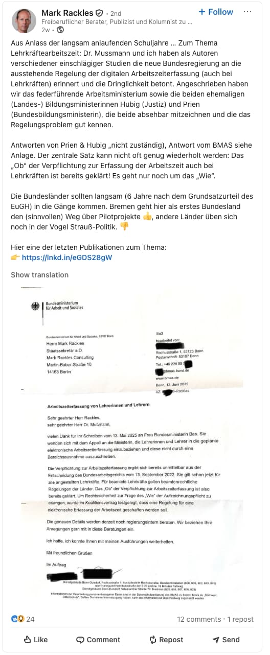 Mark Rackles: Bundesarbeitsministerium bestätigt Pflicht zur Arbeitszeiterfassung von Lehrkräften 