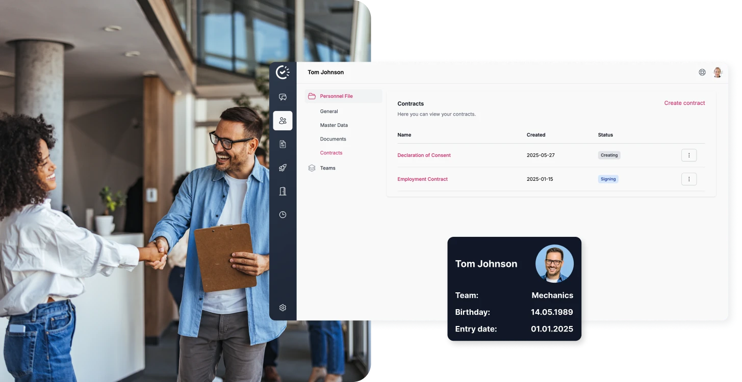 Woman greeting man on his first day in the office next to a screenshot of Papershift Pulse
