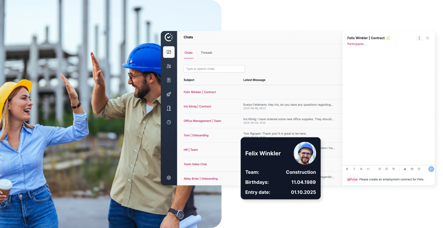 Construction site with two engineers next to a screenshot of Papershift Pulse