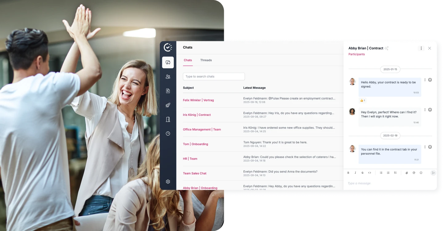 Two colleagues give each other a high five next to a screenshot from Papershift Pulse