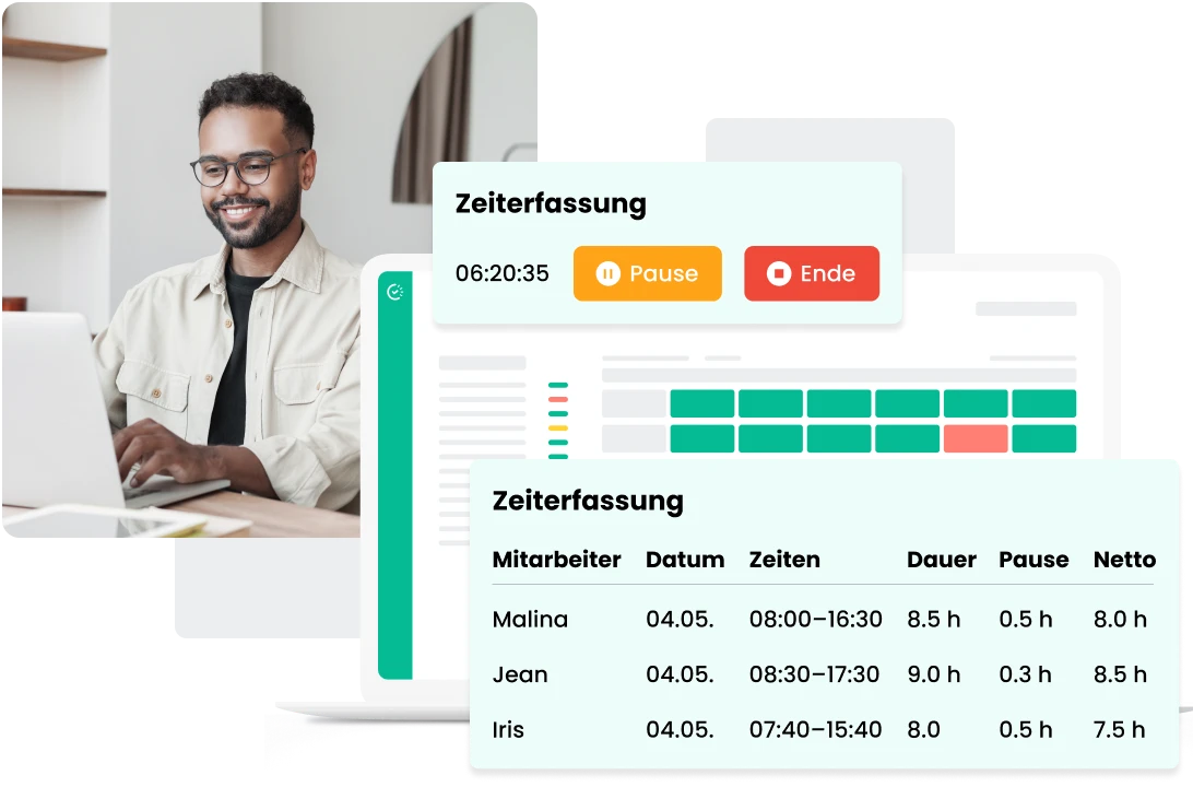 Lächelnder Mann sitzt am Laptop mit Zeiterfassungssoftware im Vordergrund