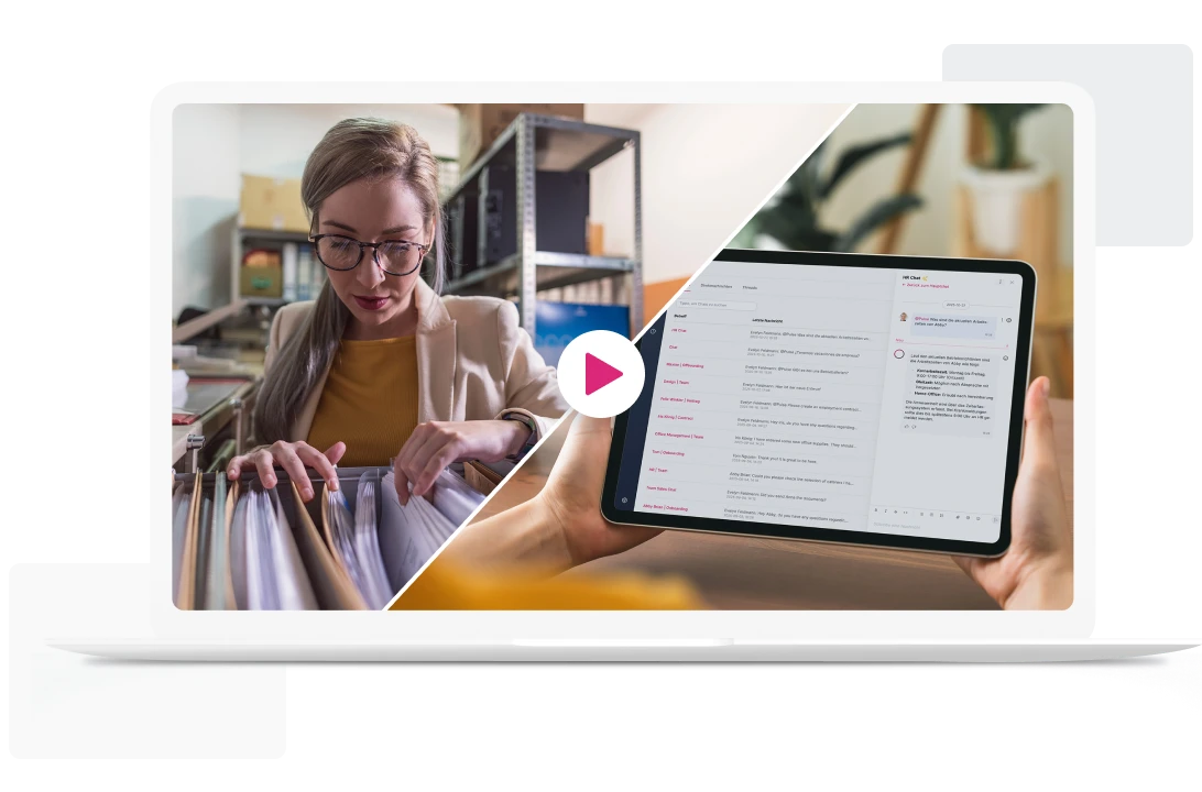 Laptop Ansicht mit Splitscreen: Frau mit Aktenchaos vs. digitale Personalverwaltung auf dem Tablet