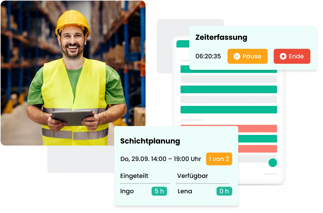 Lagermitarbeiter mit Tablet in der Hand mit Dienstplan Modul von Papershift